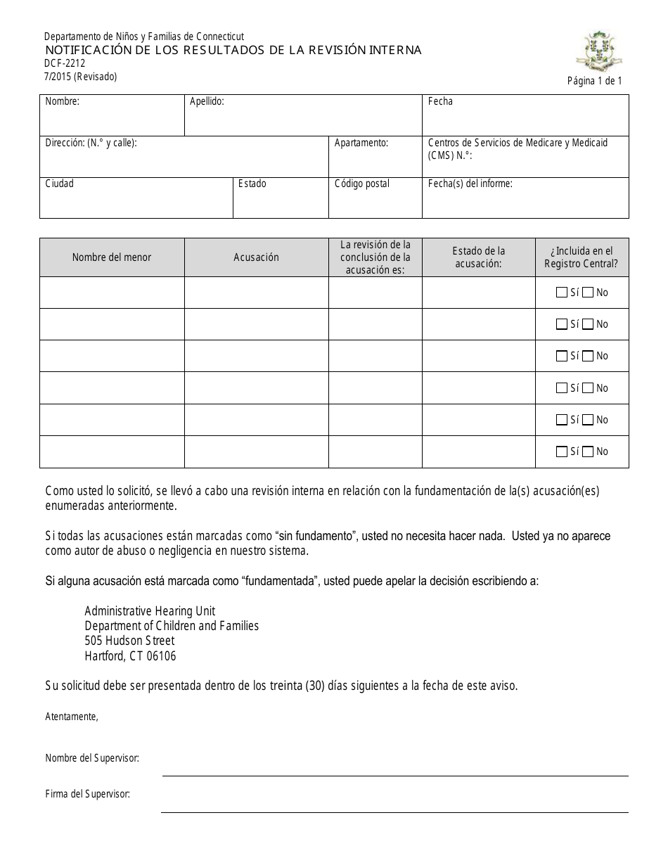 Formulario DCF-2212 Notificacion De Los Resultados De La Revision Interna - Connecticut (Spanish), Page 1