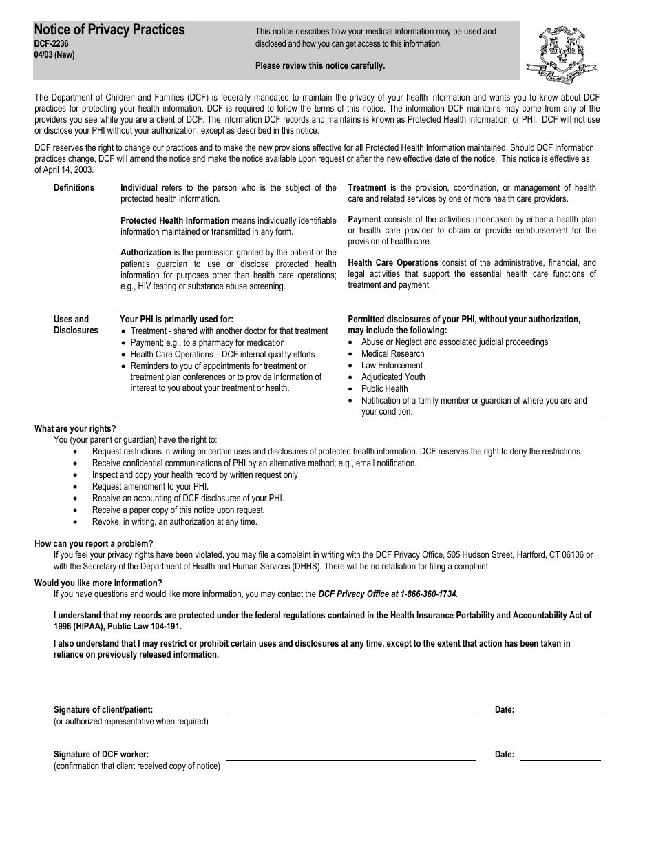 Form DCF-2236 Notice of Privacy Practices - Connecticut, Page 1