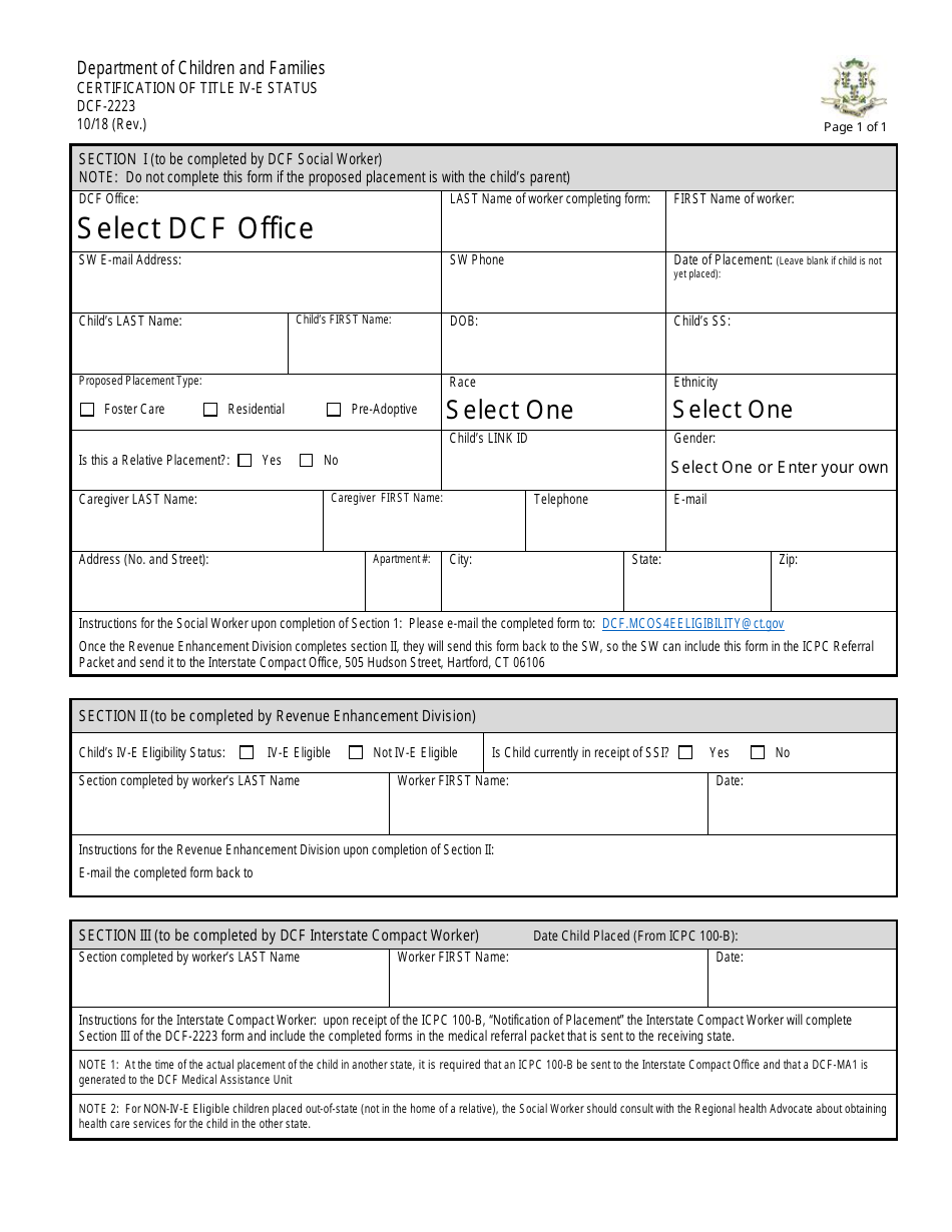 Form DCF-2223 Certification of Title IV-E Status - Connecticut, Page 1