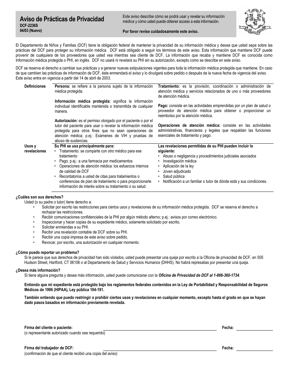 Formulario DCF-2236S Aviso De Practicas De Privacidad - Connecticut (Spanish), Page 1