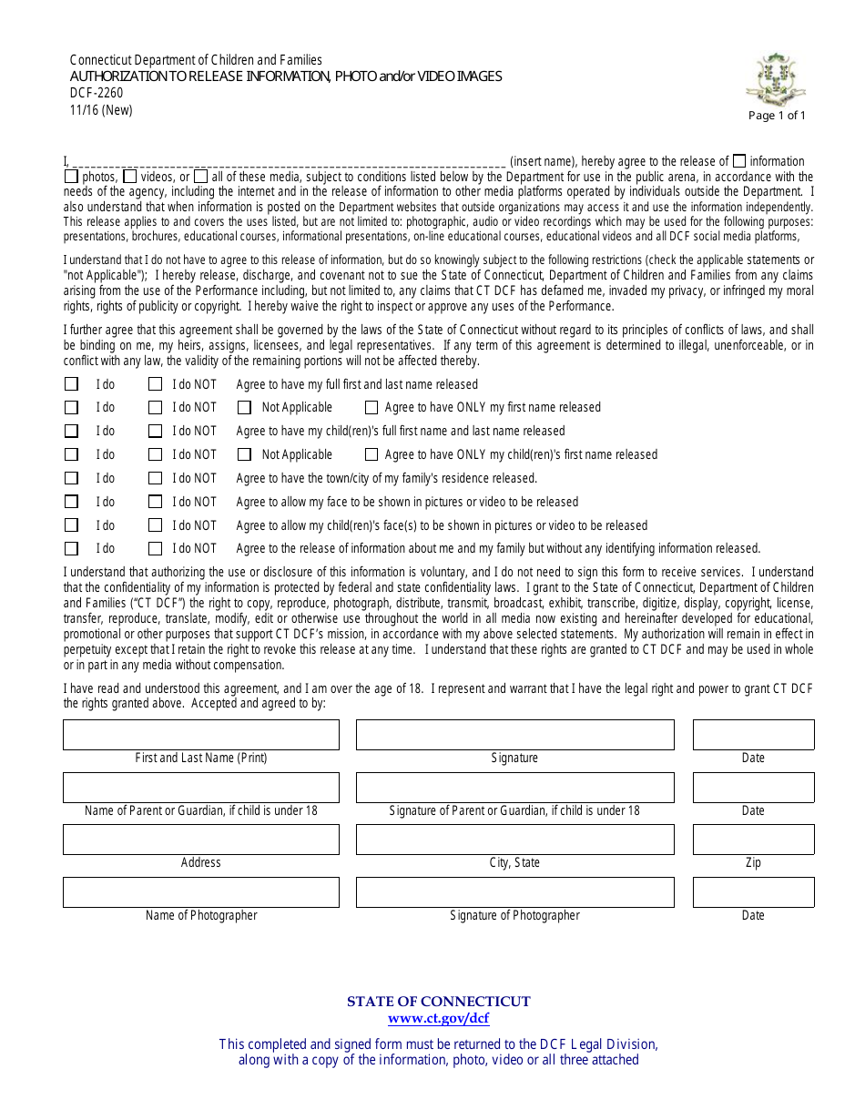 Form DCF-2260 Authorization to Release Information, Photo and / or Video Images - Connecticut, Page 1