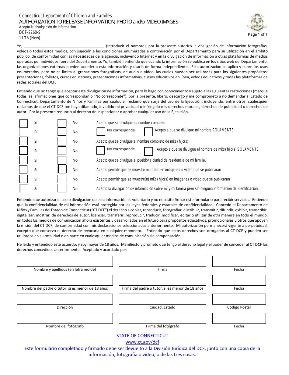 Formulario DCF-2260-S Acepto La Divulgacion De Informacion - Connecticut (Spanish), Page 1