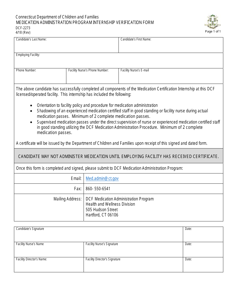 Form DCF-2273 Medication Administration Program Internship Verification Form - Connecticut, Page 1