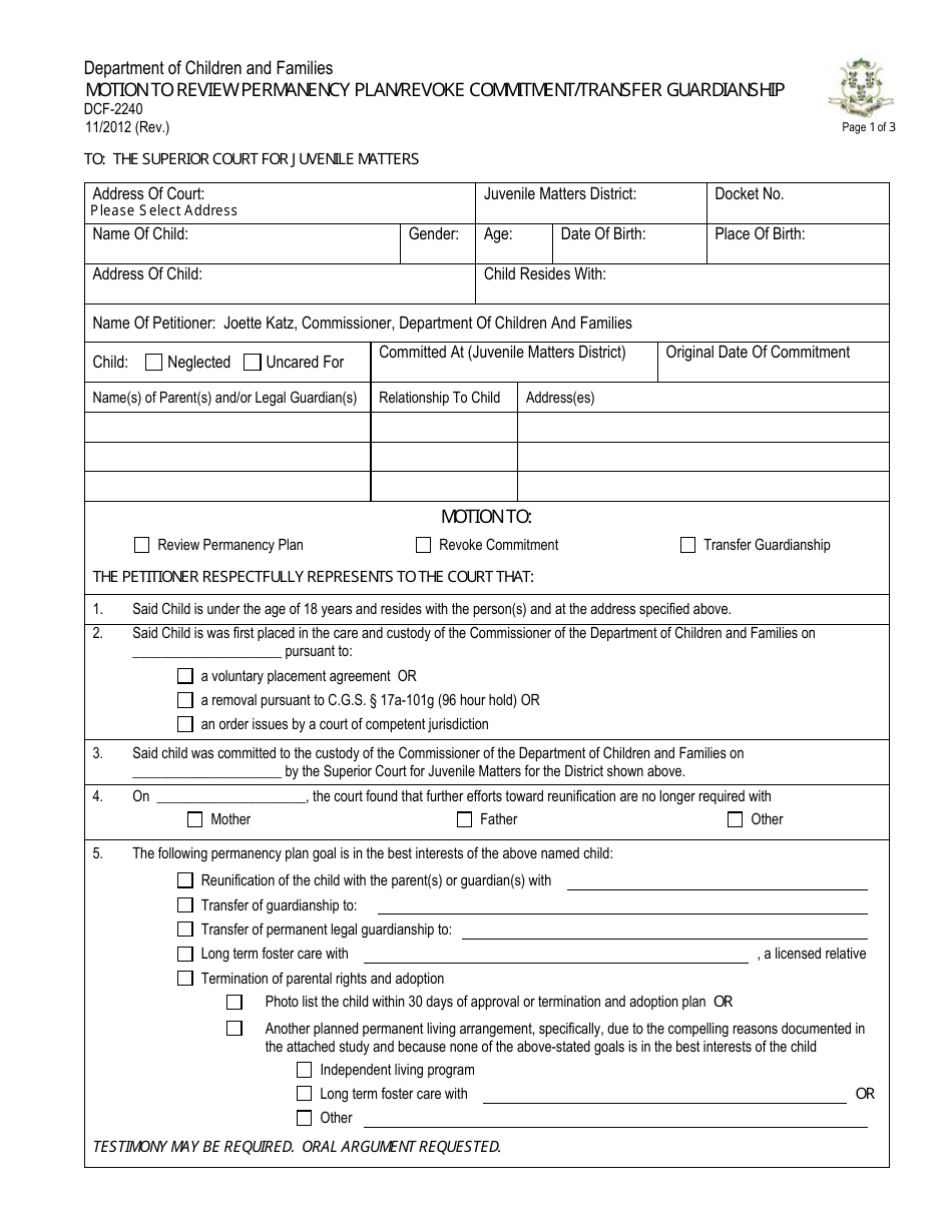 Form DCF-2240 Motion to Review Permanency Plan / Revoke Commitment / Transfer Guardianship - Connecticut, Page 1