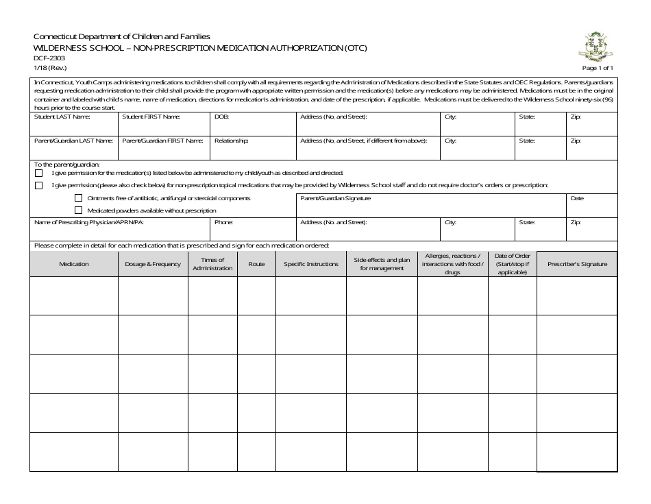 Form DCF-2303 Non-prescription Medication Authorization (OTC) - Connecticut, Page 1