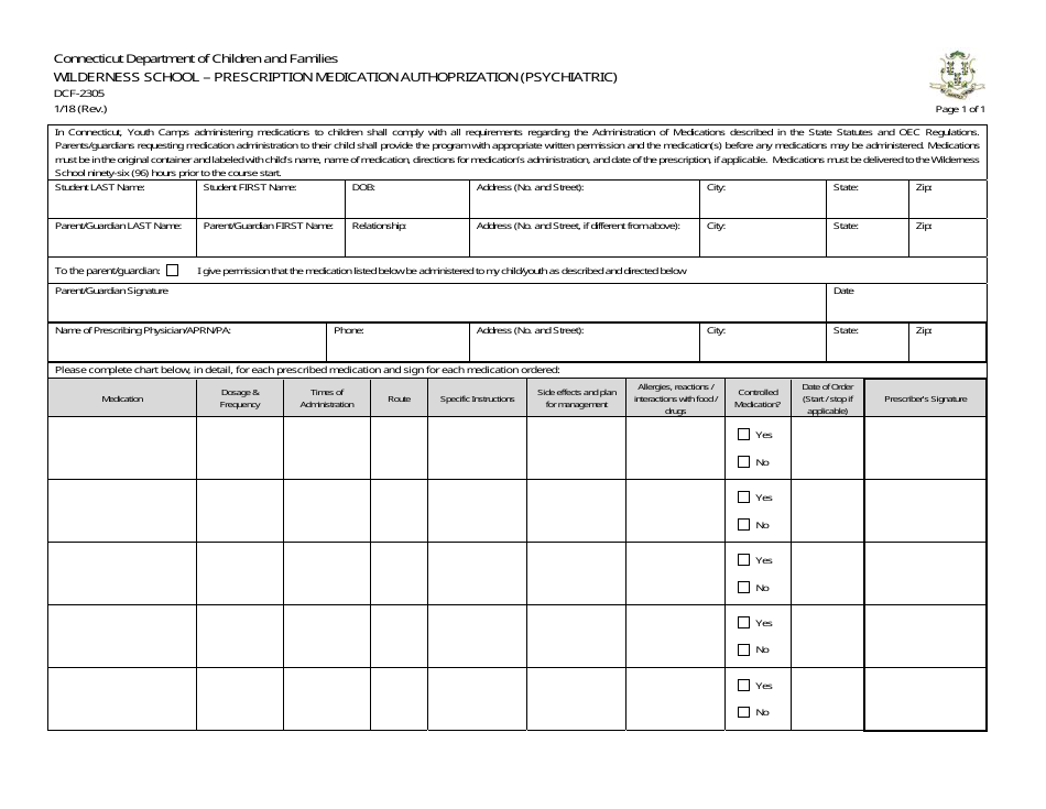 Form DCF-2305 Wilderness School - Prescription Medication Authorization (Psychiatric) - Connecticut, Page 1