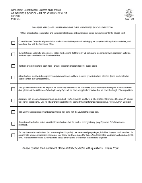 Form DCF-2306 Wilderness School - Medication Checklist - Connecticut