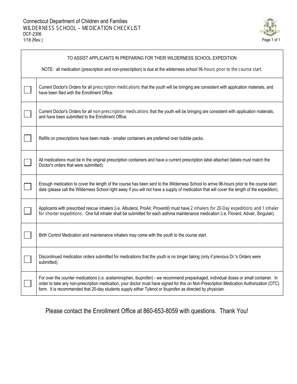 Form DCF-2306 Wilderness School - Medication Checklist - Connecticut, Page 1