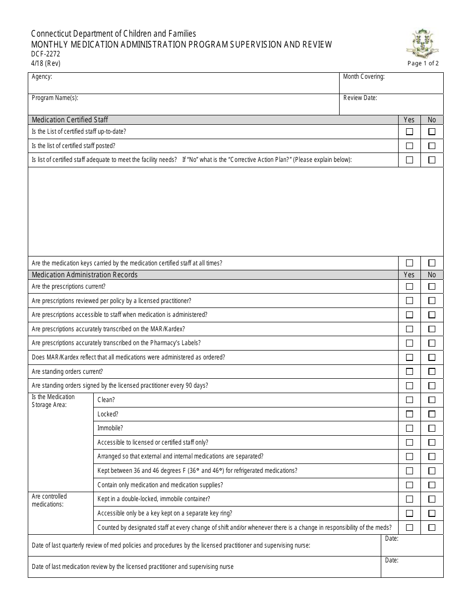 Form DCF-2272 Monthly Medication Administration Program Supervision and Review - Connecticut, Page 1