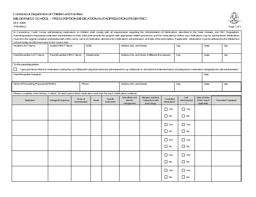 Form DCF-2304 Wilderness School - Prescription Medication Authorization (Pediatric) - Connecticut