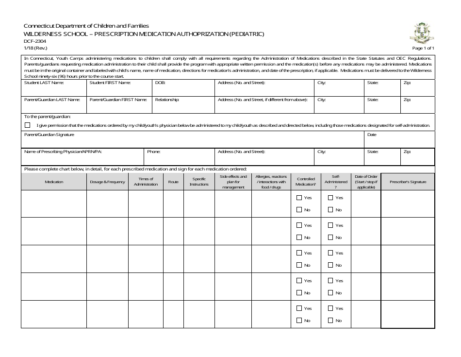 Form DCF-2304 Wilderness School - Prescription Medication Authorization (Pediatric) - Connecticut, Page 1