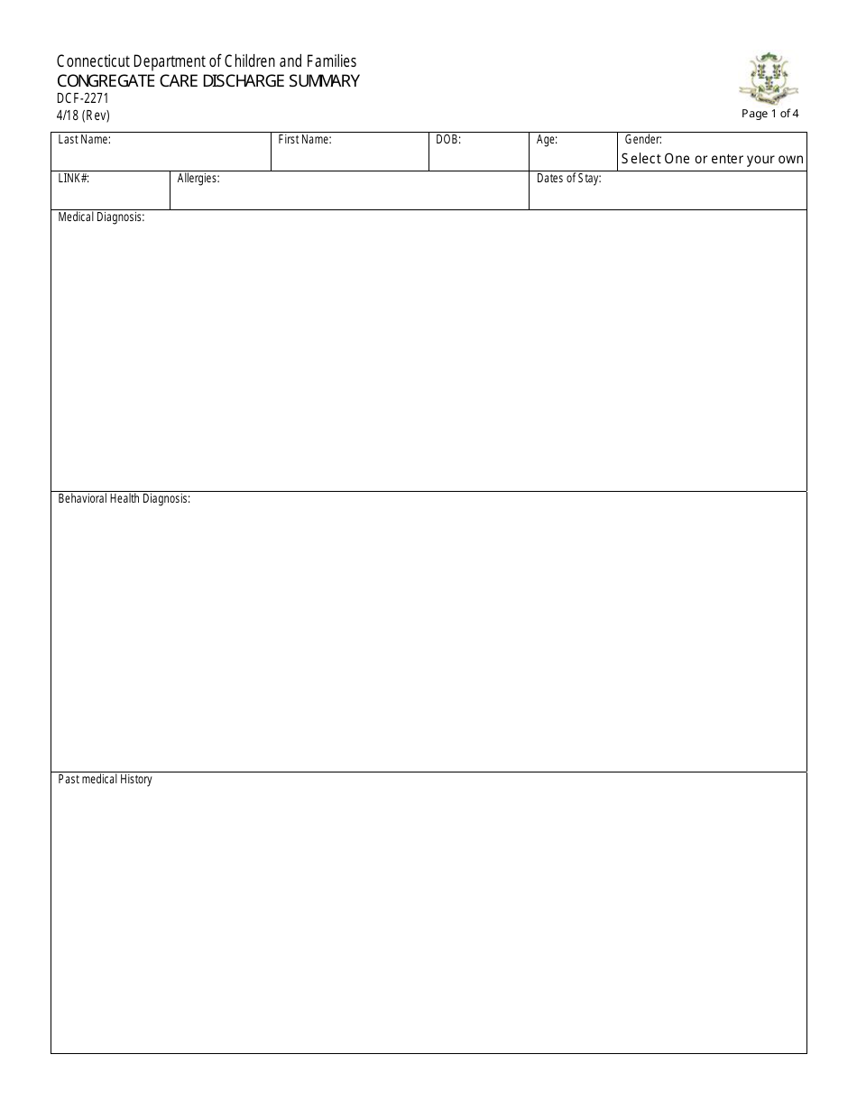 Form DCF-2271 Congregate Care Discharge Summary - Connecticut, Page 1