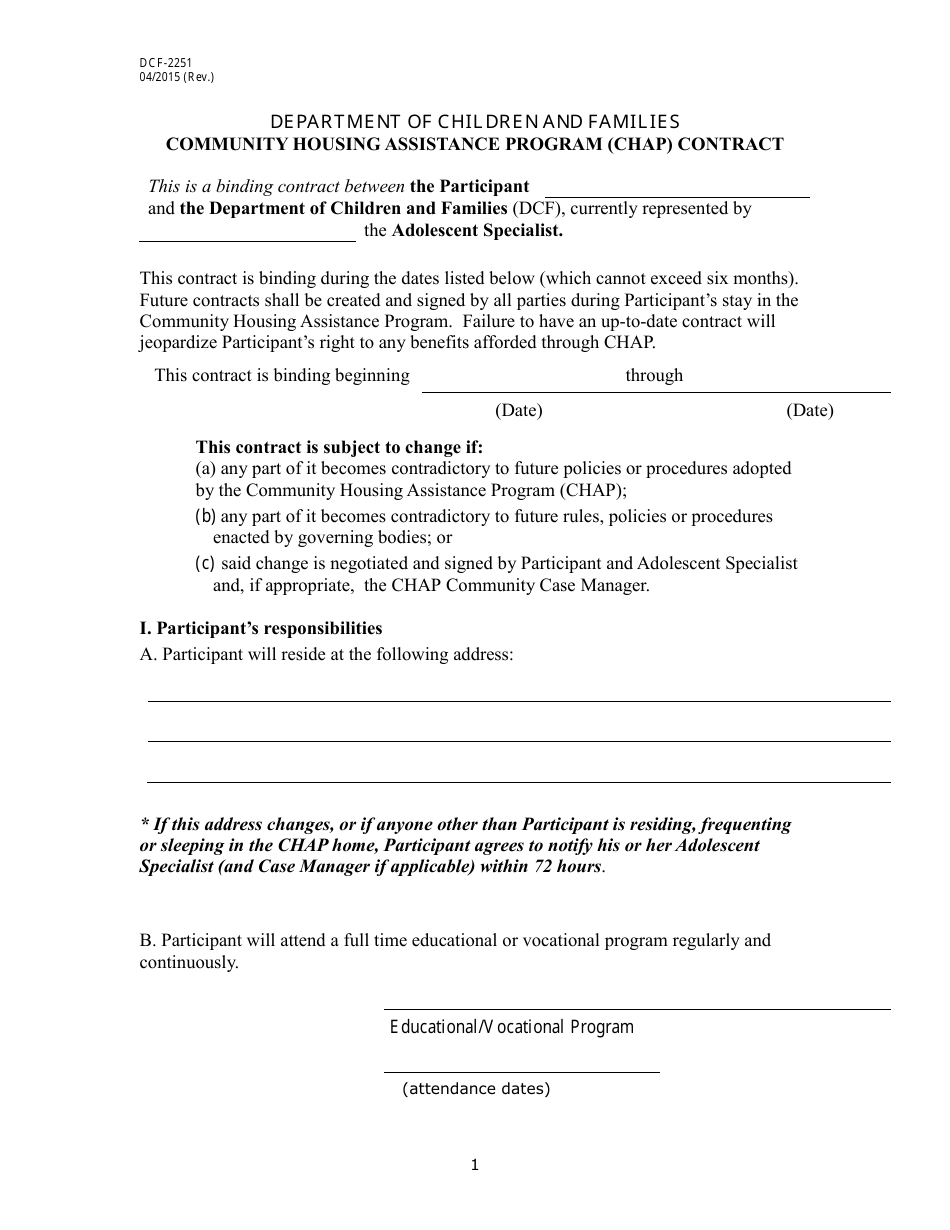 Form DCF-2251 Community Housing Assistance Program (Chap) Contract - Connecticut, Page 1