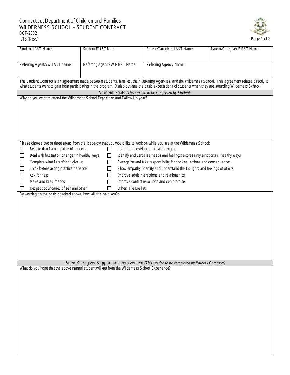 Form DCF-2302 Wilderness School - Student Contract - Connecticut, Page 1
