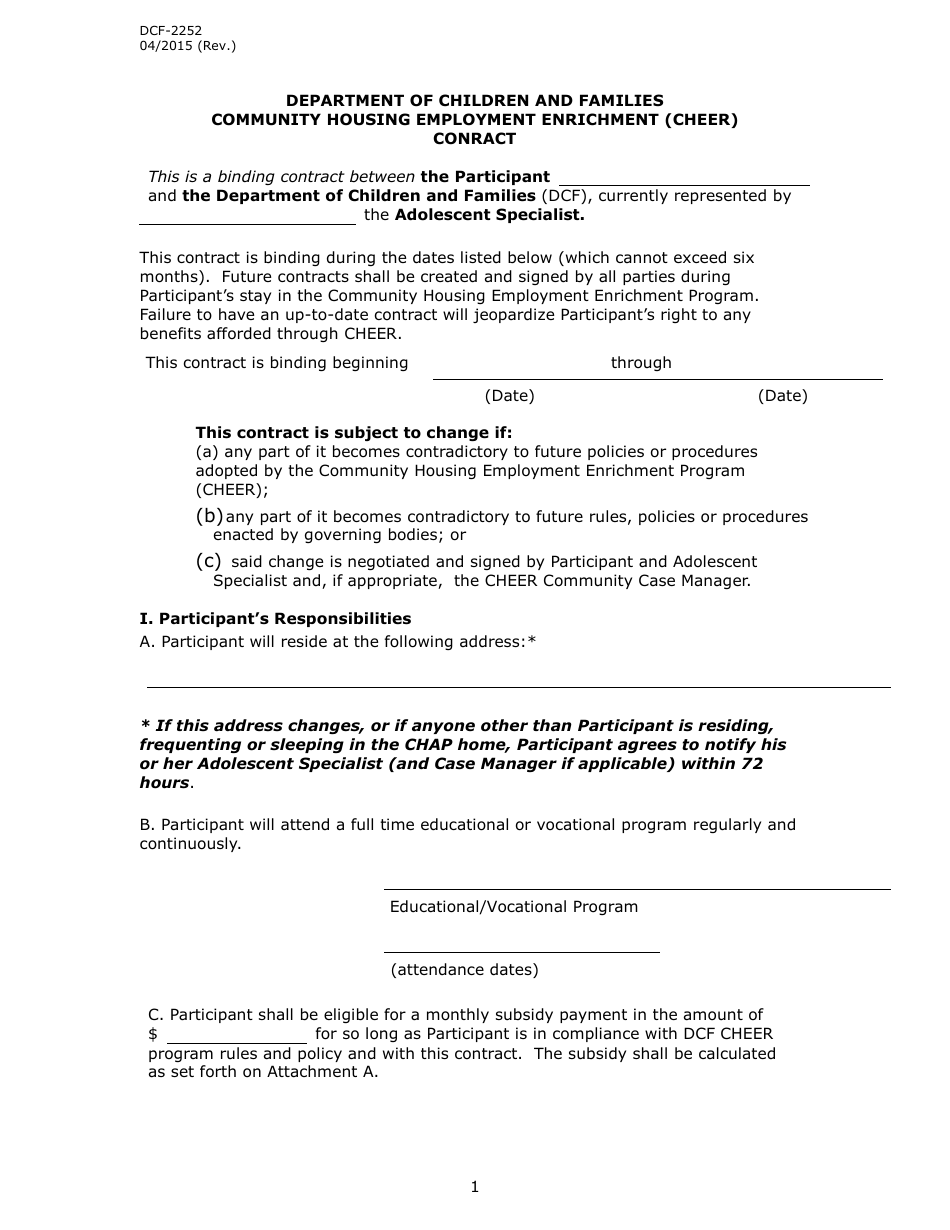 Form DCF-2252 Community Housing Employment Enrichment (Cheer) Conract - Connecticut, Page 1