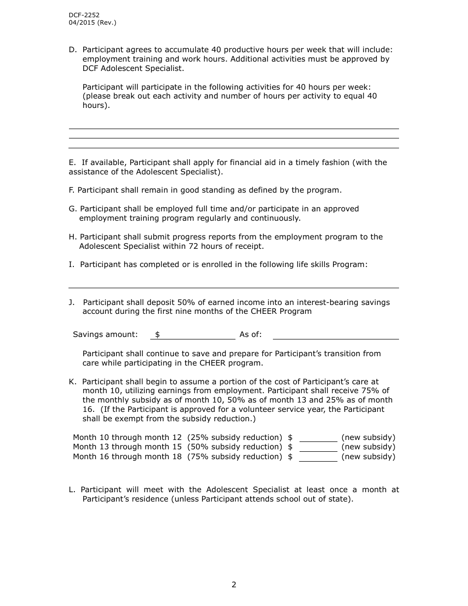 Form DCF-2252 Community Housing Employment Enrichment (Cheer) Conract - Connecticut, Page 2