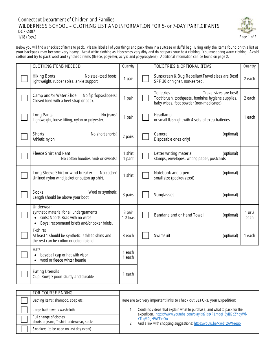 Form DCF-2307 Wilderness School - Clothing List and Information for 5- or 7-day Participants - Connecticut, Page 1