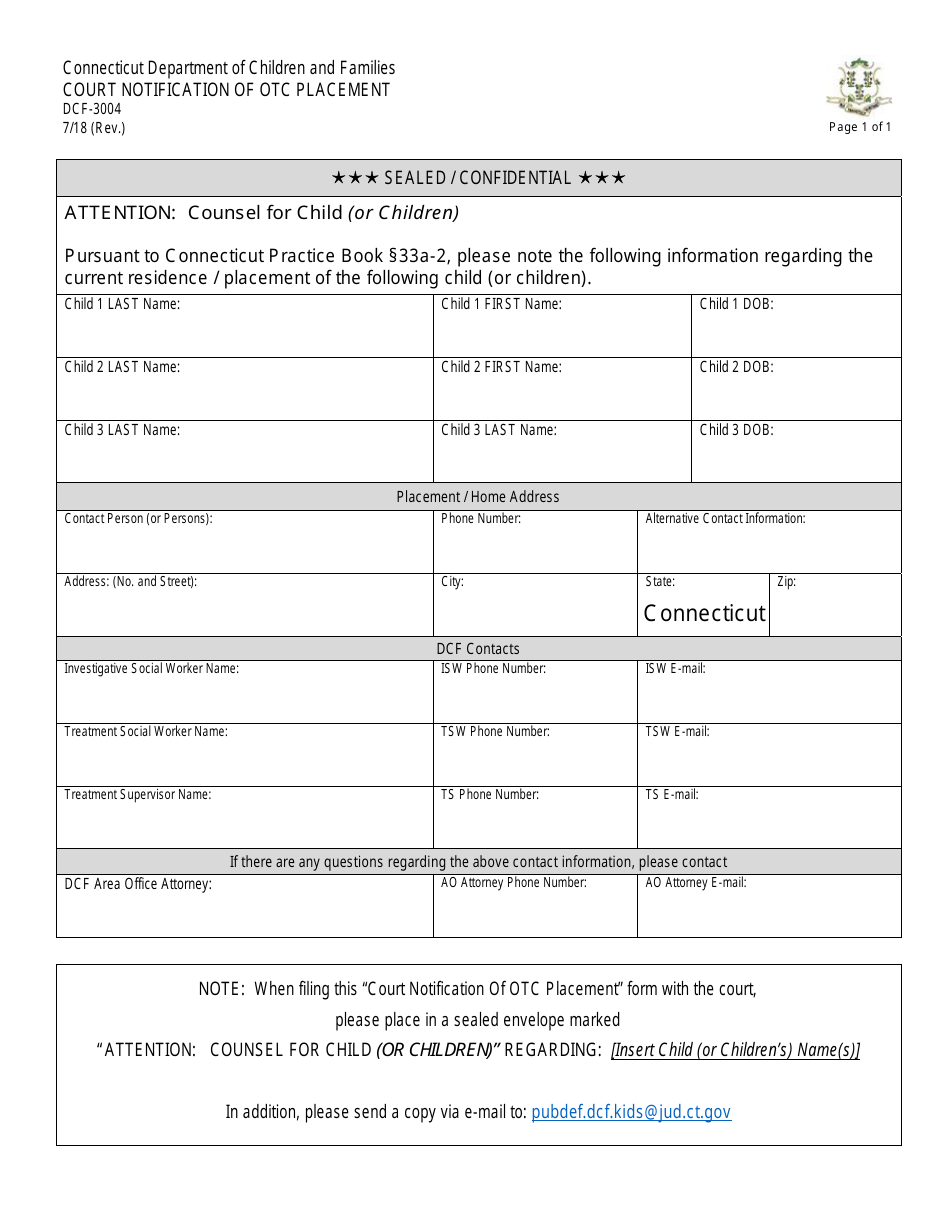 Form DCF-3004 Court Notification of OTC Placement - Connecticut, Page 1