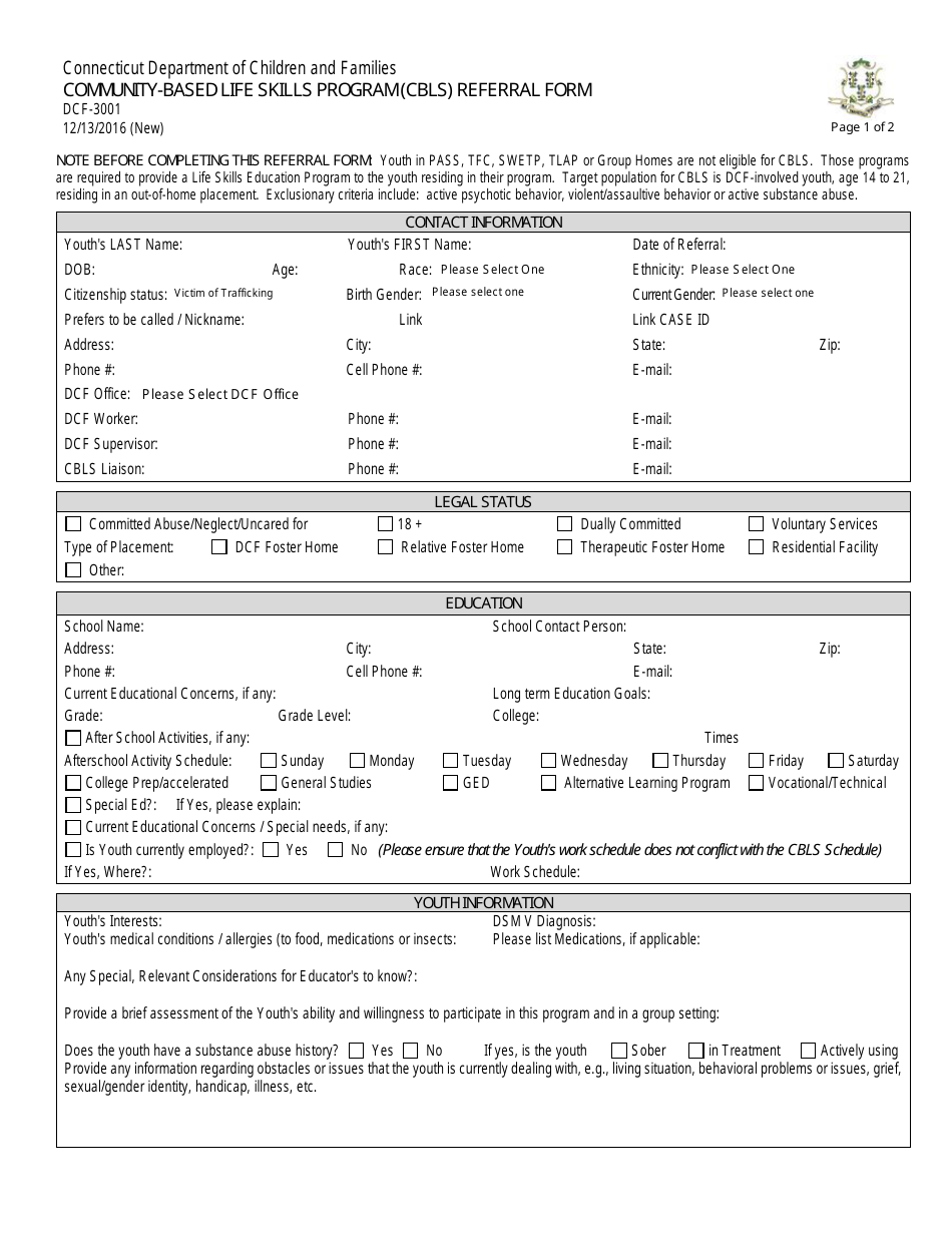 Form DCF-3001 Community-Based Life Skills Program (Cbls) Referral Form - Connecticut, Page 1