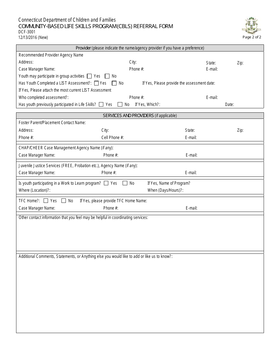 Form DCF-3001 Community-Based Life Skills Program (Cbls) Referral Form - Connecticut, Page 2
