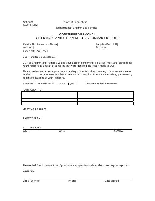 Form DCF-3036 Considered Removal Child and Family Team Meeting Summary Report - Connecticut