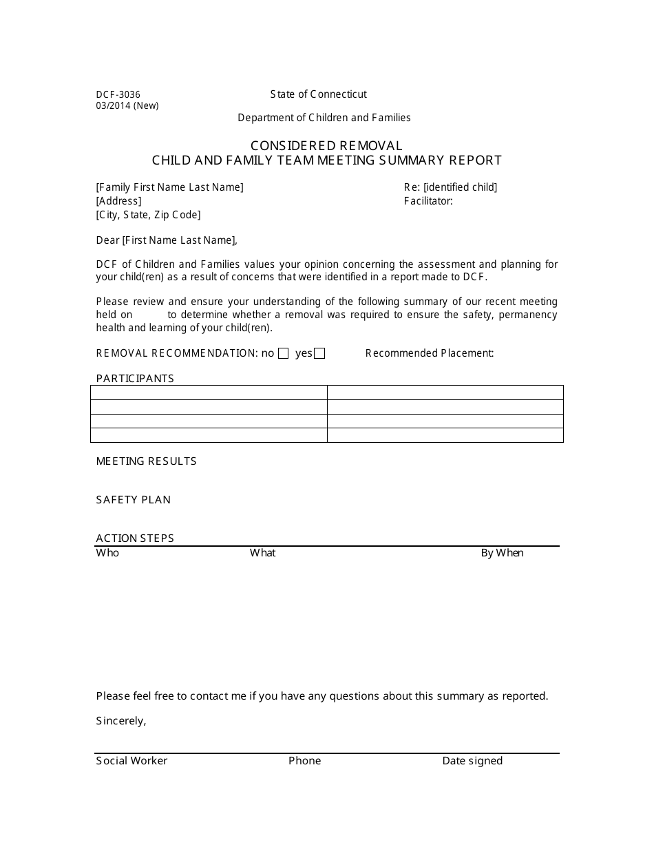Form DCF-3036 Considered Removal Child and Family Team Meeting Summary Report - Connecticut, Page 1
