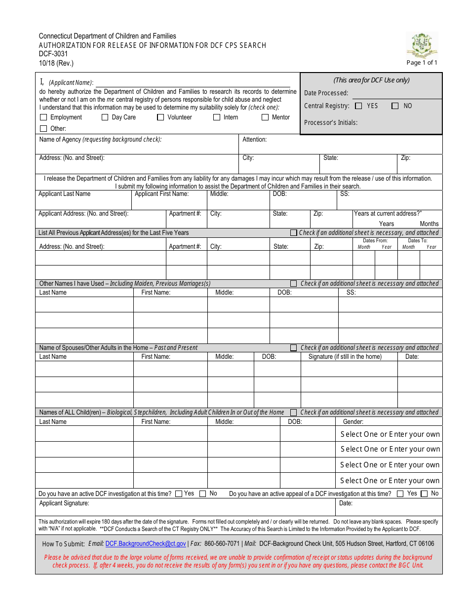 Form DCF-3031 Authorization for Release of Information for Dcf Cps Search - Connecticut, Page 1