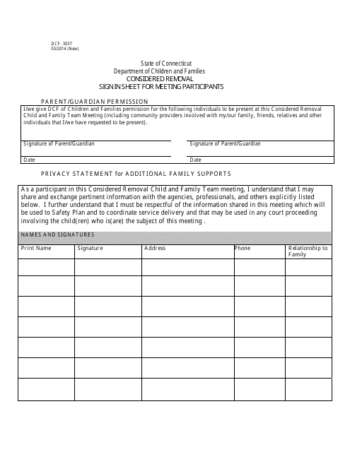 Form DCF-3037 Considered Removal Sign in Sheet for Meeting Participants - Connecticut