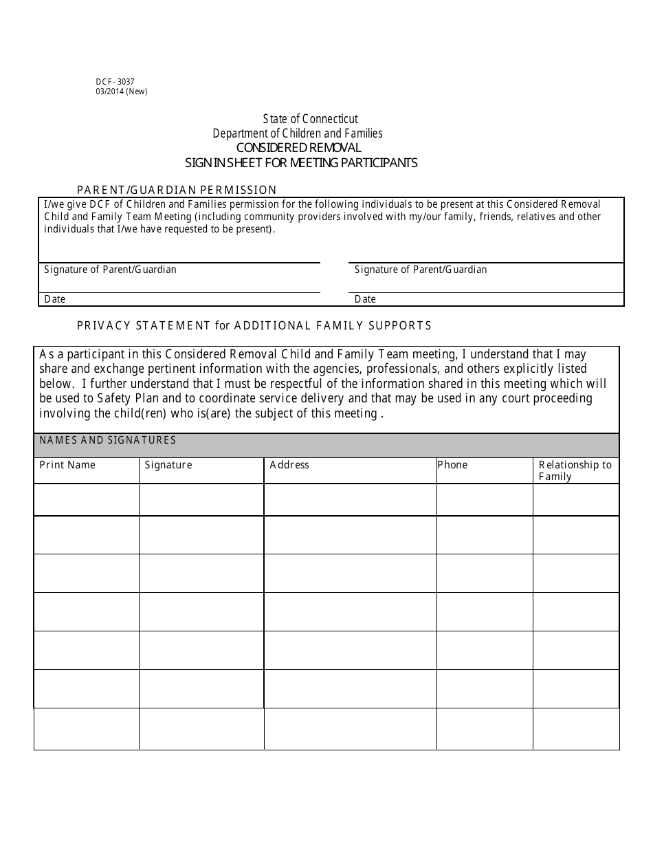Form DCF-3037 Considered Removal Sign in Sheet for Meeting Participants - Connecticut, Page 1