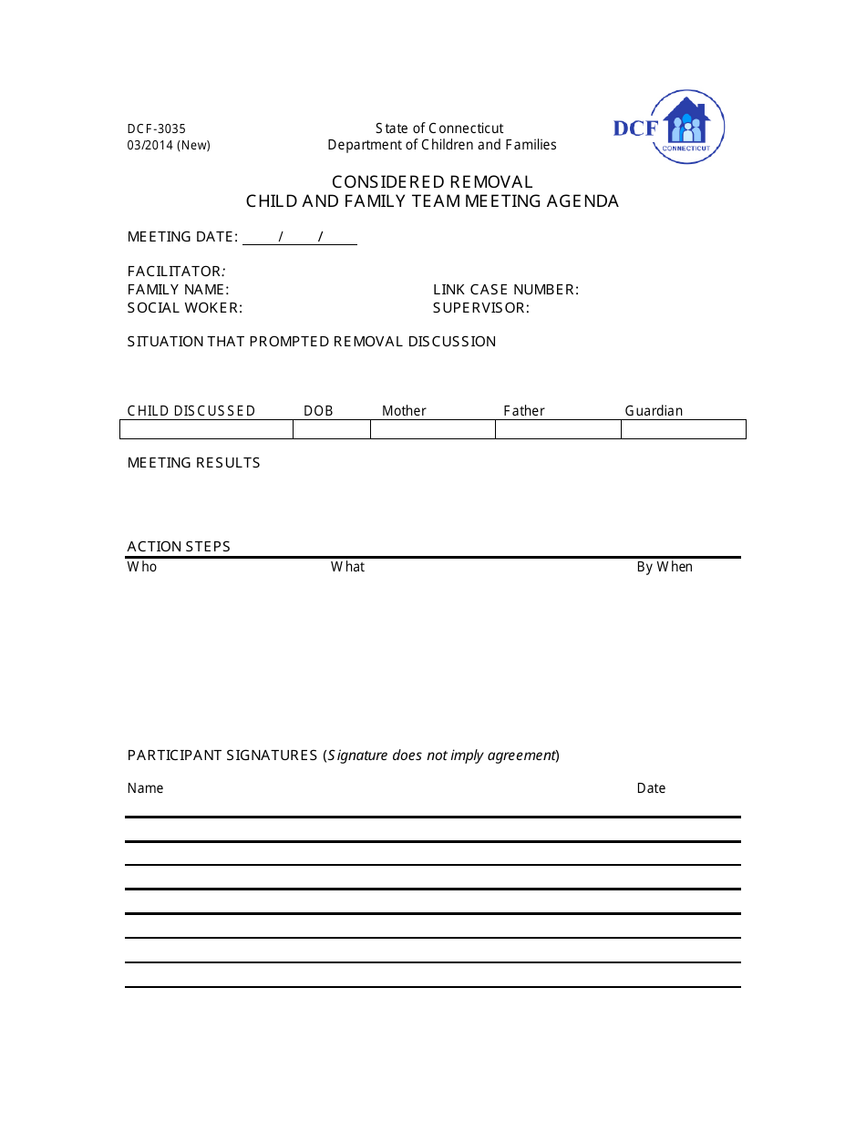 Form DCF-3035 Considered Removal Child and Family Team Meeting Agenda - Connecticut, Page 1
