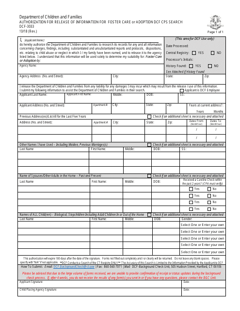 Form DCF-3033 Authorization for Release of Information for Foster Care or Adoption Dcf Cps Search - Connecticut