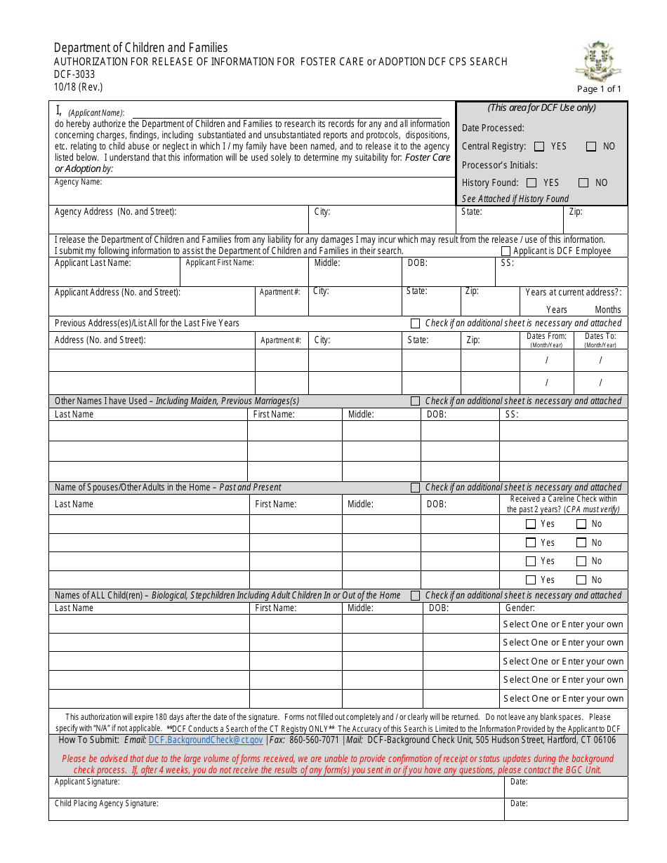 Form DCF-3033 Authorization for Release of Information for Foster Care or Adoption Dcf Cps Search - Connecticut, Page 1