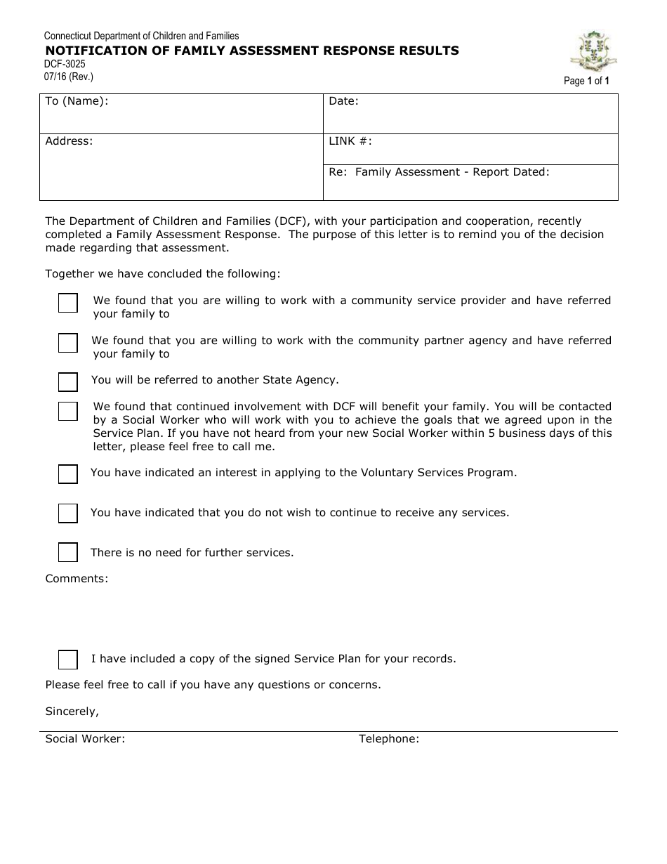 Form DCF-3025 Notification of Family Assessment Response Results - Connecticut, Page 1