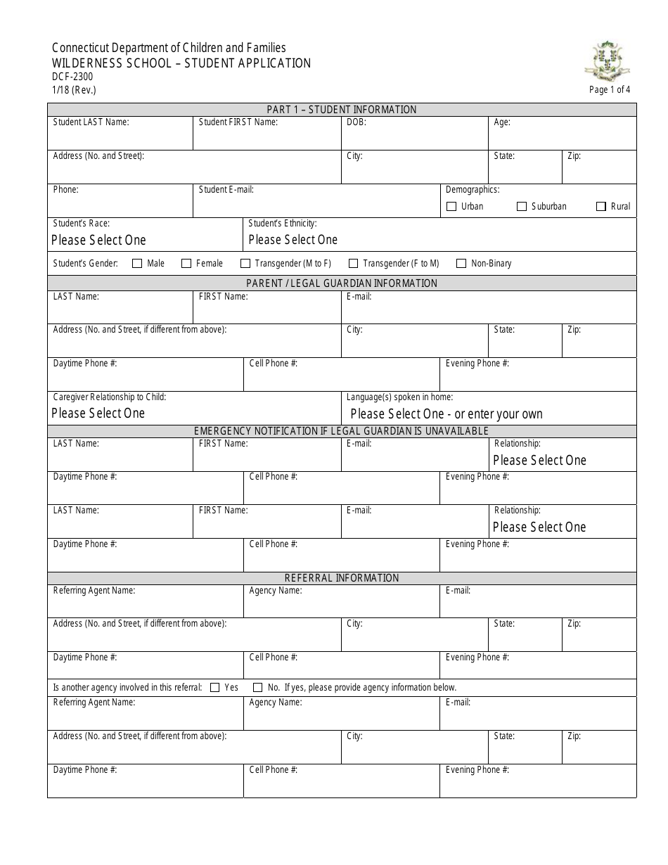 Form DCF-2300 Wilderness School Student Application - Connecticut, Page 1