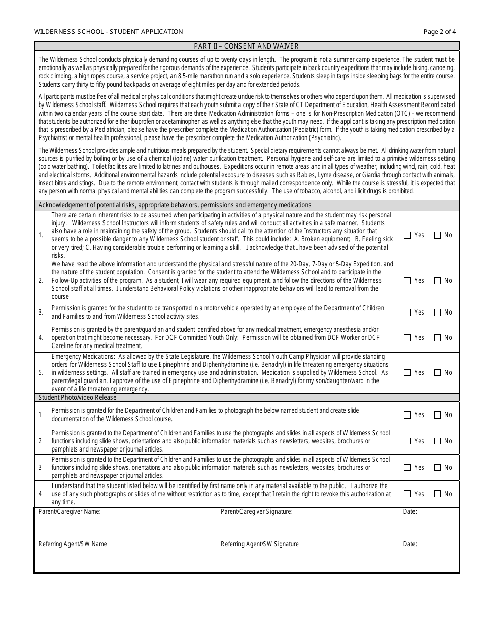Form DCF-2300 Wilderness School Student Application - Connecticut, Page 2