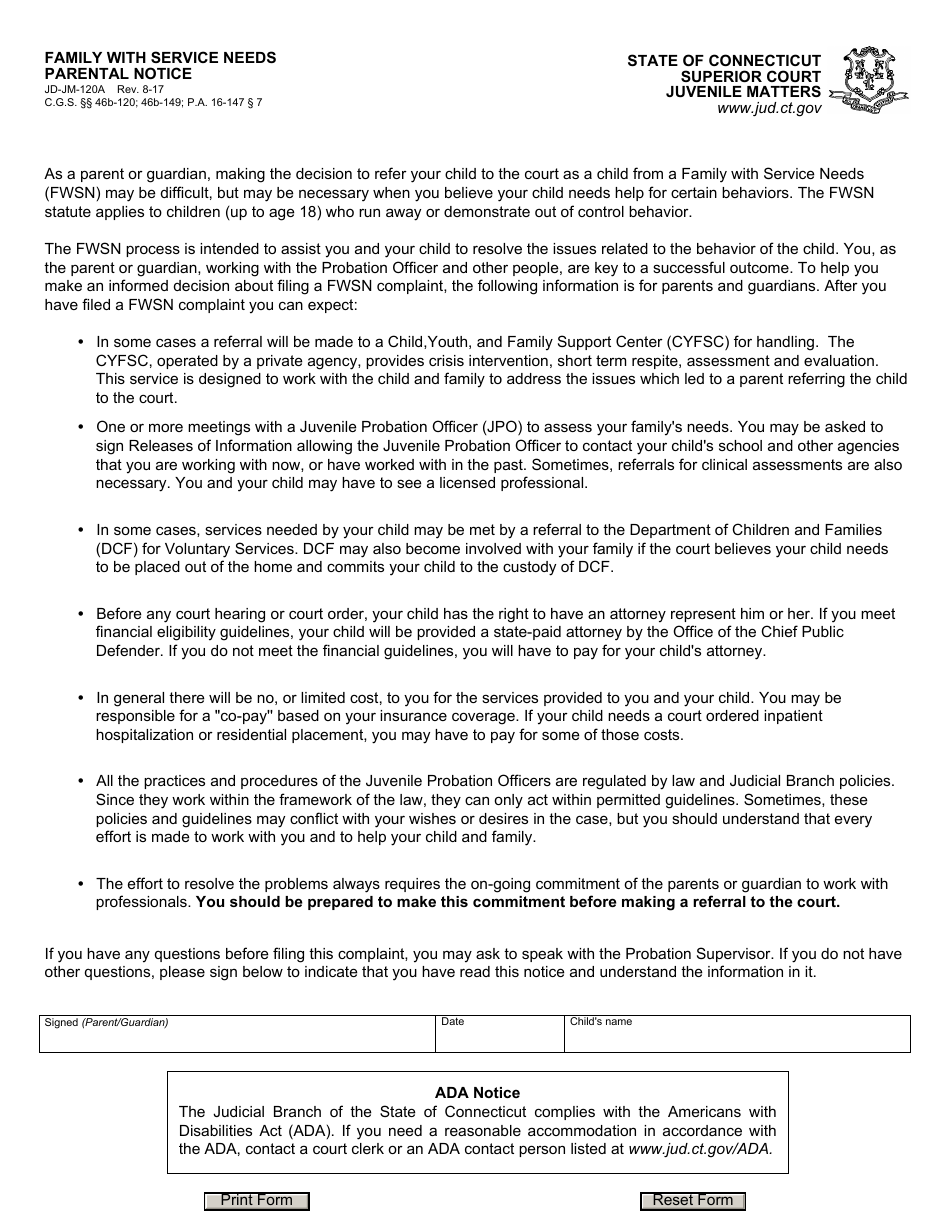 Form JD-JM-120A Family With Service Needs Parental Notice - Connecticut, Page 1