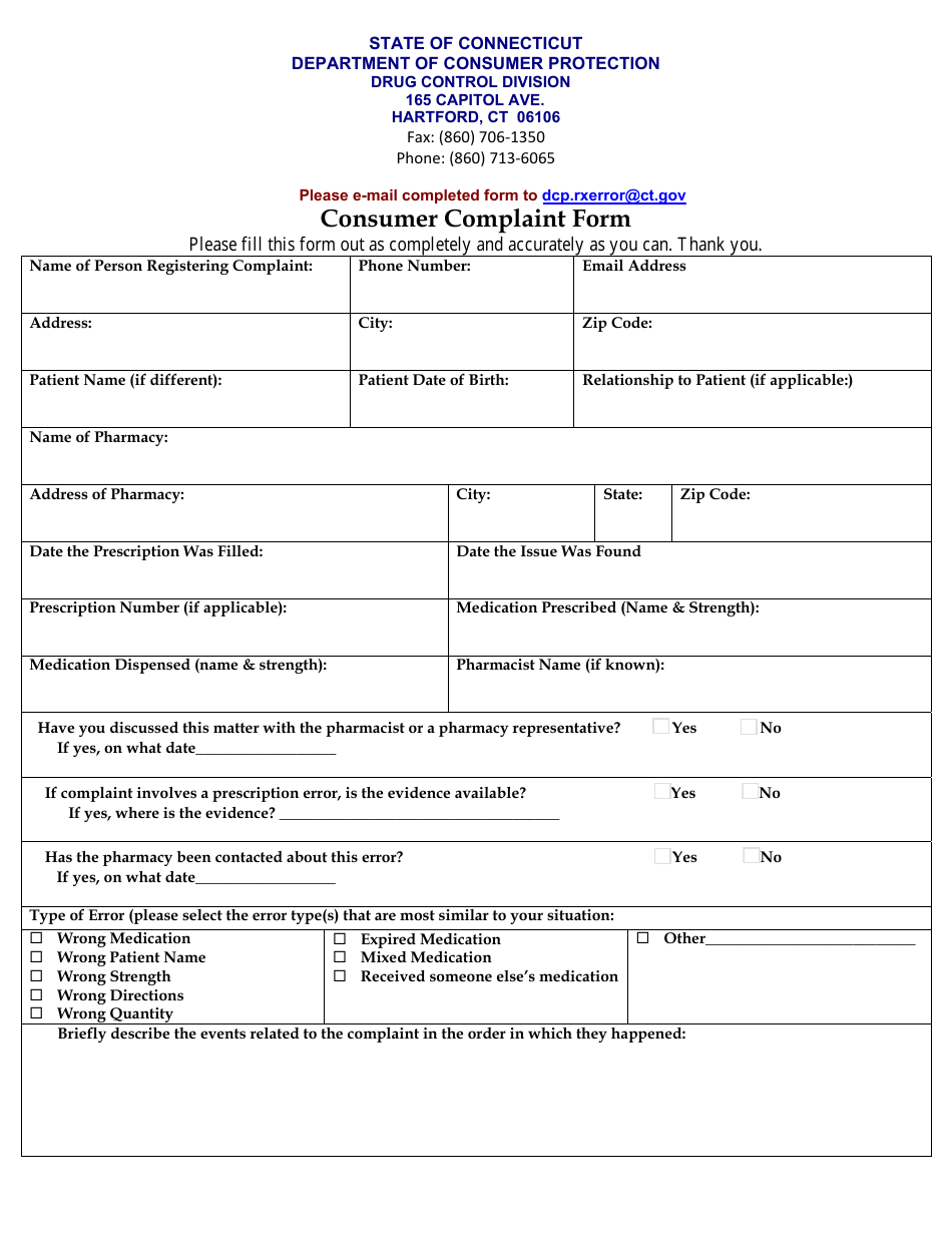 Consumer Complaint Form - Prescription Error - Connecticut, Page 1
