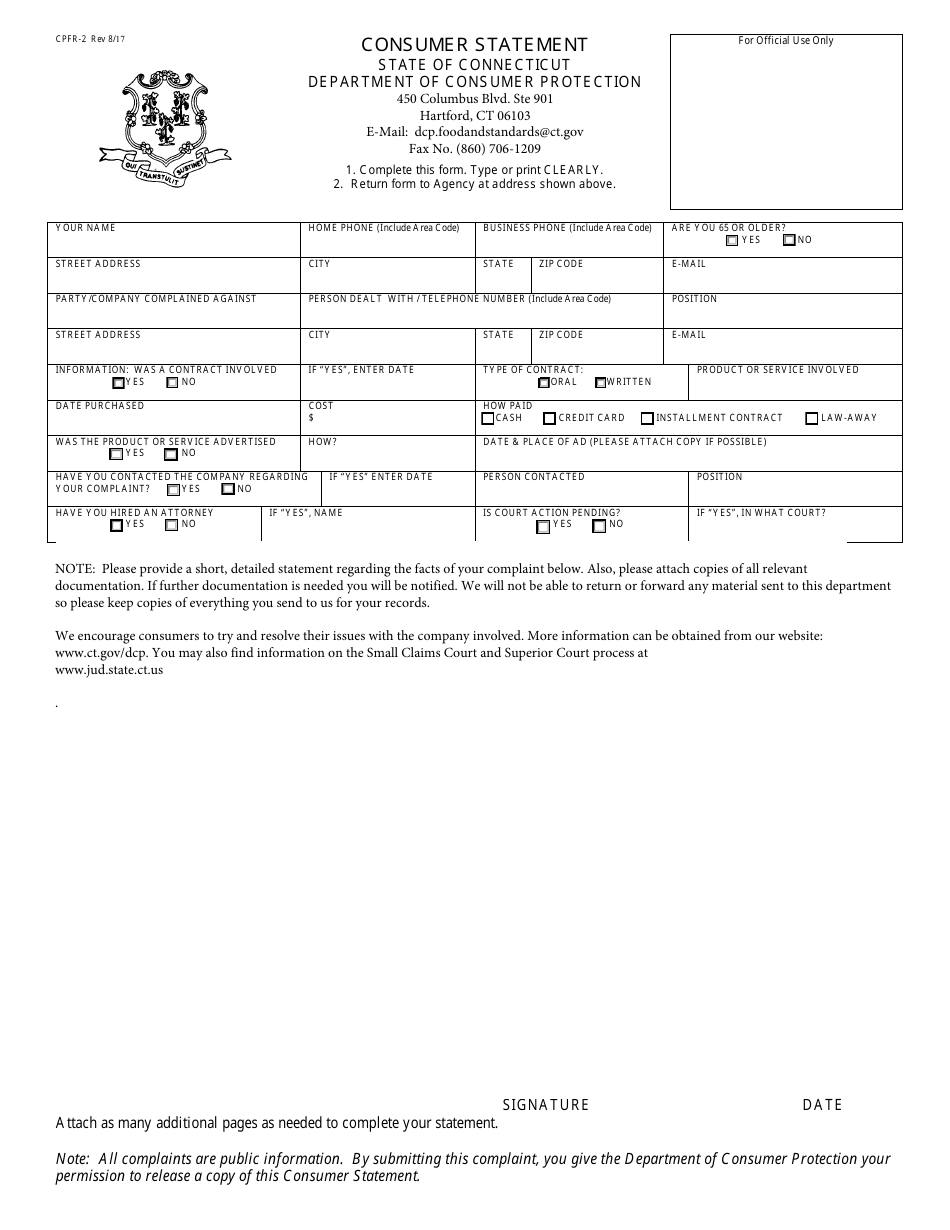 Form CPFR-2 Consumer Statement - Food or Bottled Water - Connecticut, Page 1