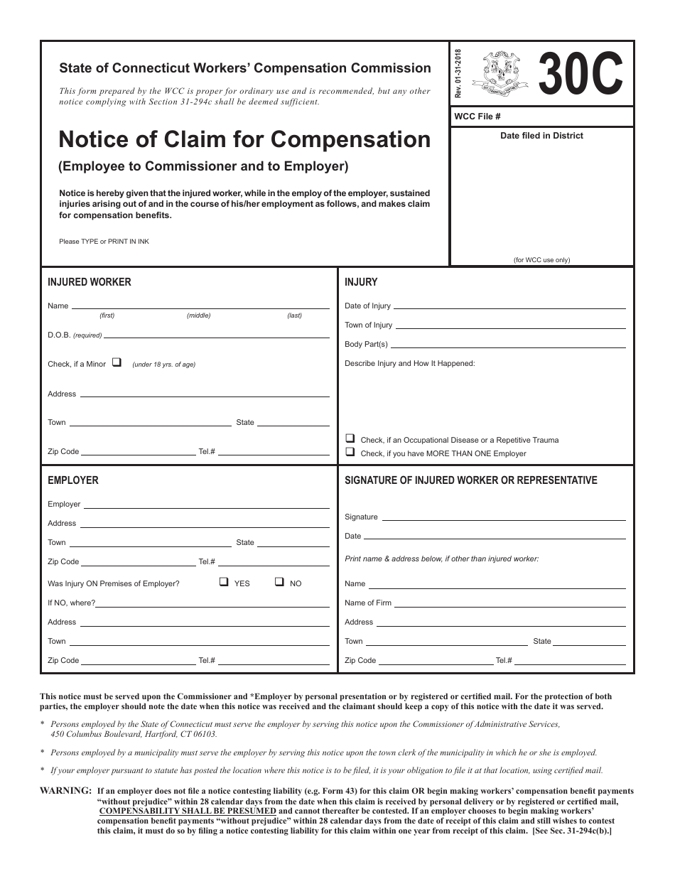 Form 30C Notice of Claim for Compensation (Employee to Commissioner and to Employer) - Connecticut, Page 1