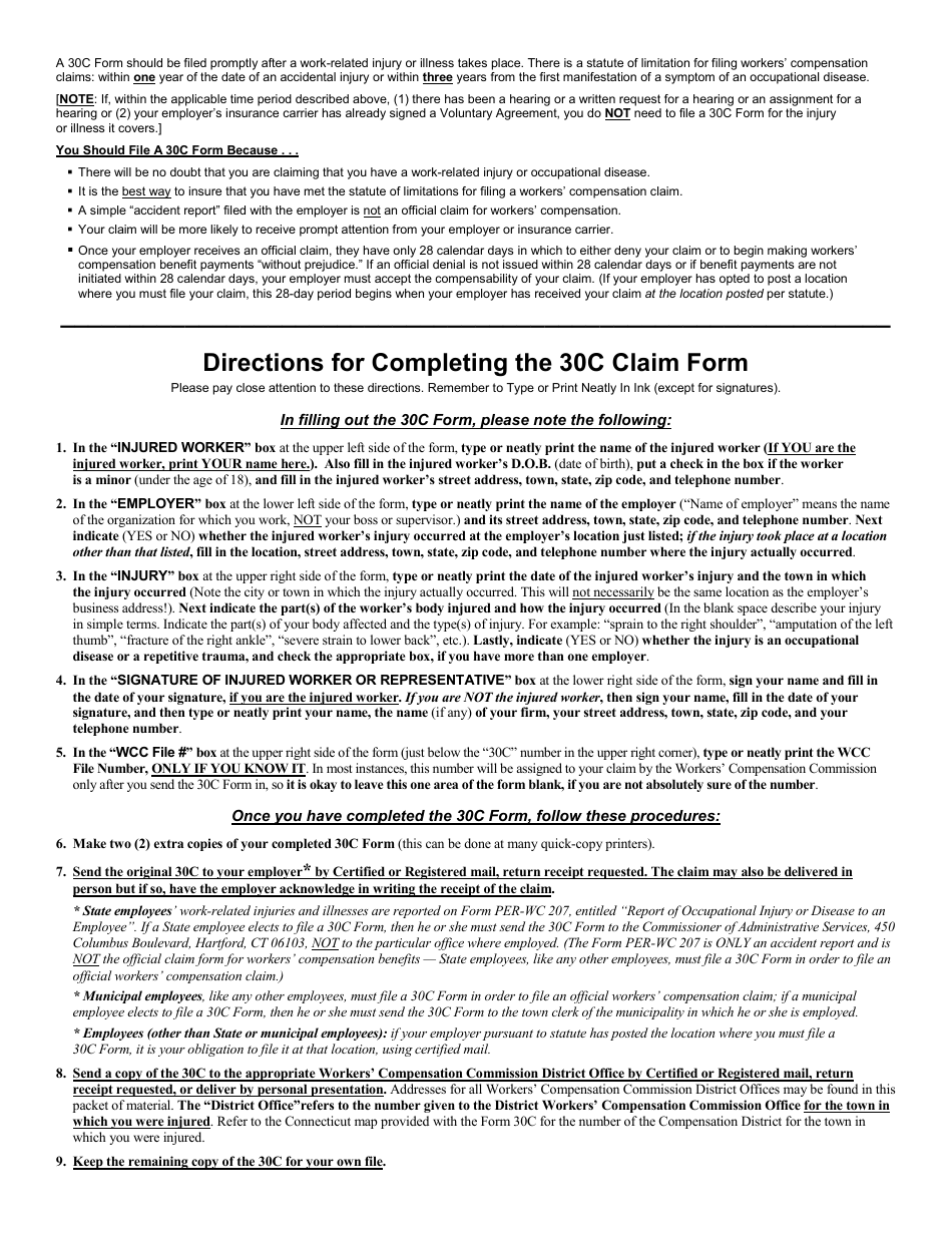 Form 30C Notice of Claim for Compensation (Employee to Commissioner and to Employer) - Connecticut, Page 2