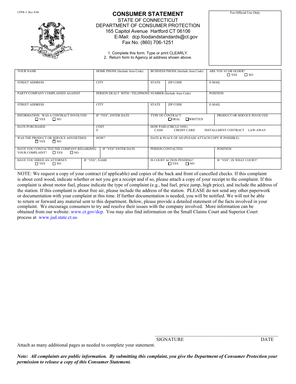 Form CPFR-2 Consumer Statement - Weights and Measures or Unit Pricing - Connecticut, Page 1