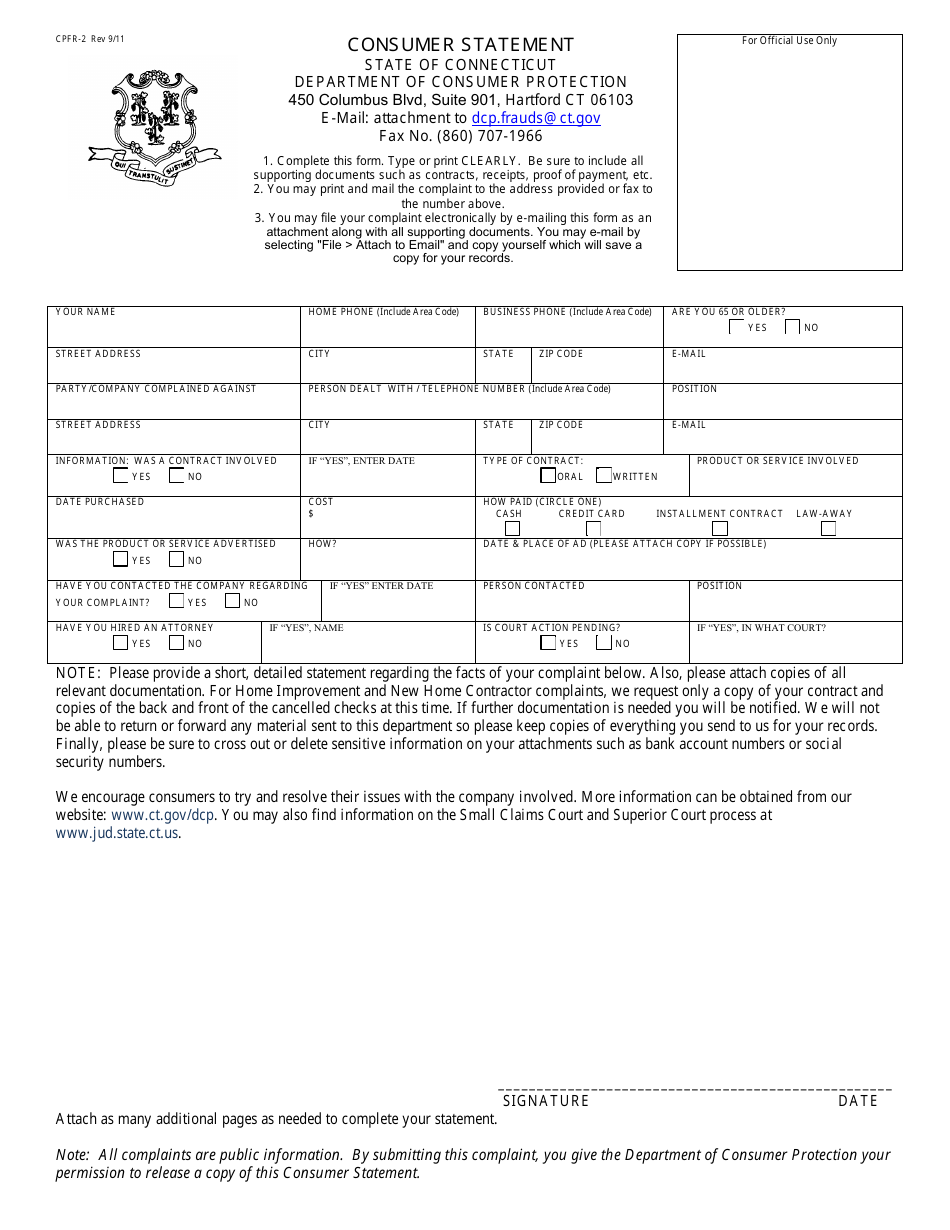 Form CPFR-2 General Complaint Form - Connecticut, Page 1