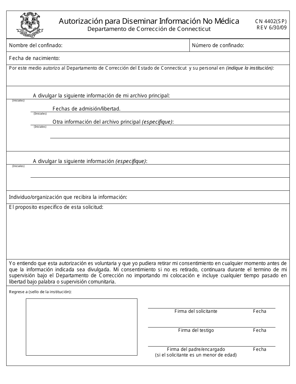 Formulario CN4402(SP) Autorizacion Para Diseminar Informacion No Medica - Connecticut (Spanish), Page 1