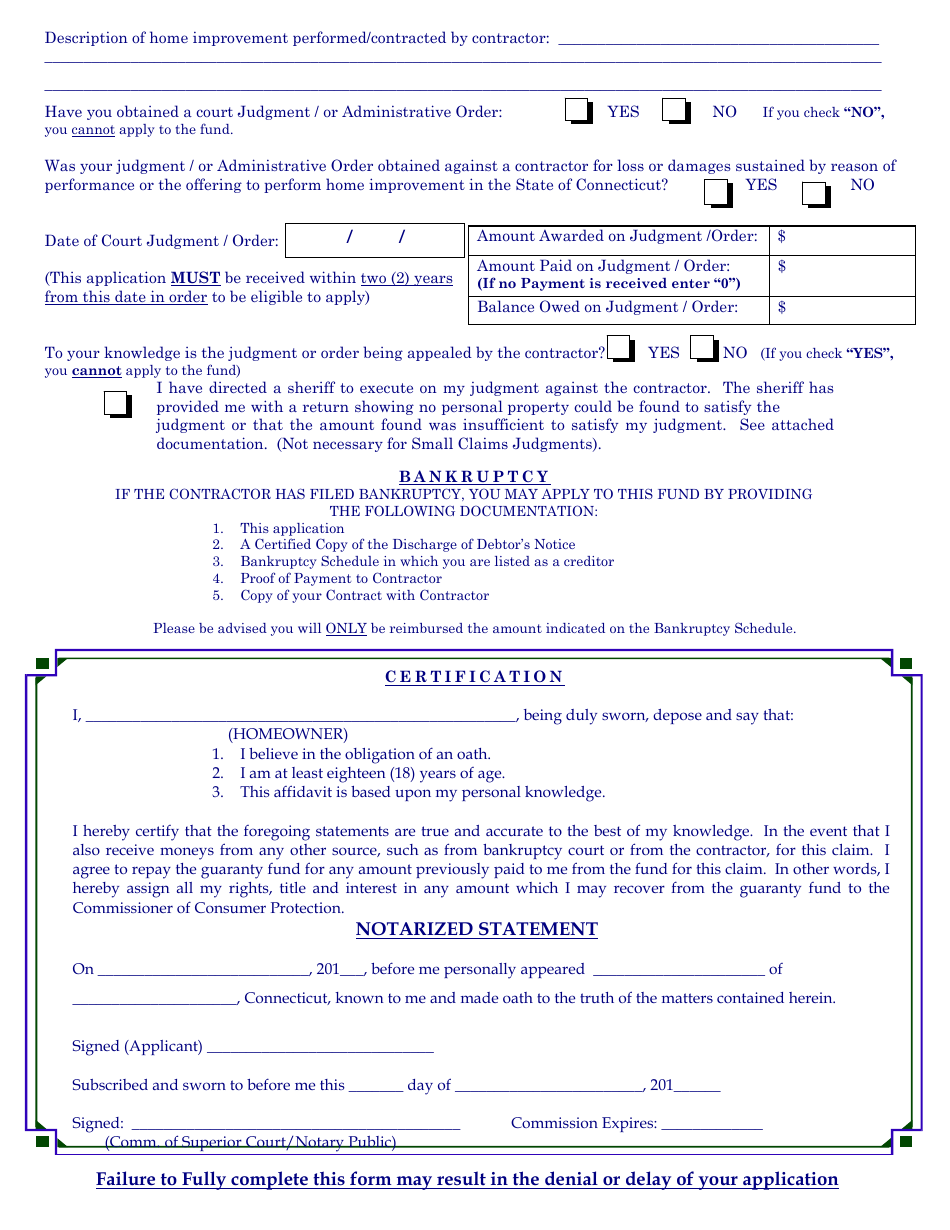 Form HIGF-01 Application for Reimbursement From the Home Improvement Guaranty Fund - Connecticut, Page 2