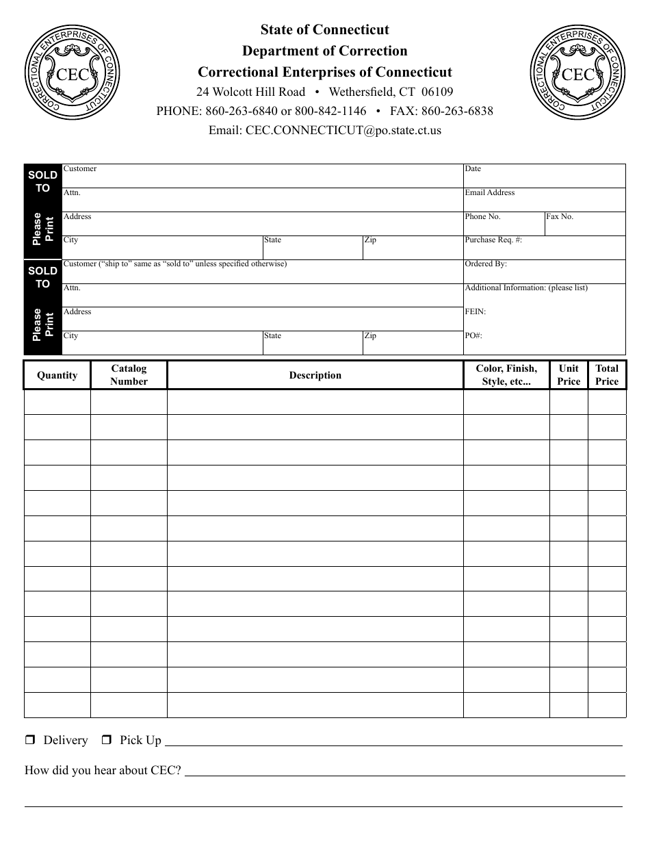 Correctional Enterprise Order Form - Connecticut, Page 1