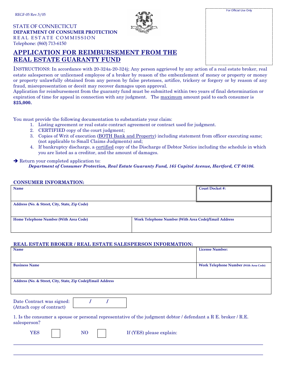 Form REGF-05 Application for Reimbursement From the Real Estate Guaranty Fund - Connecticut, Page 1