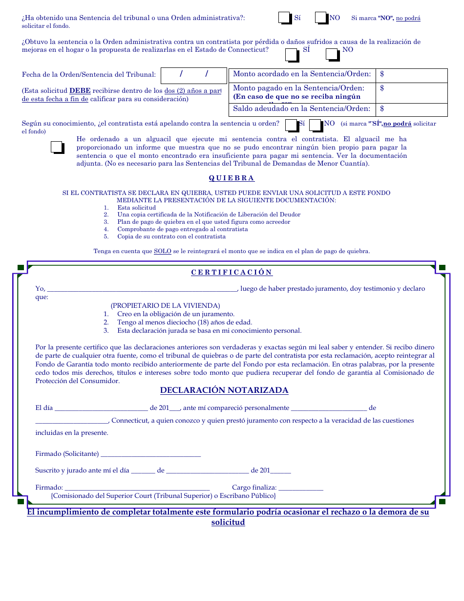 Formulario HIGF-01 Solicitud De Reembolso Del Home Improvement Guaranty Fund (Fondo De Garantia Para Mejoras En El Hogar) - Connecticut (Spanish), Page 2