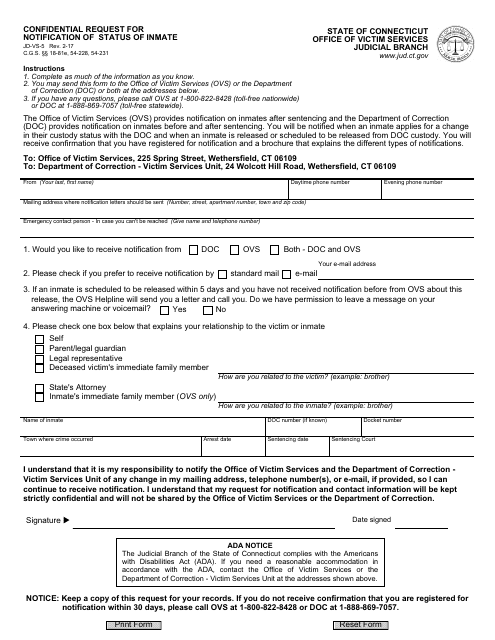 Form JD-VS-5 Confidential Request for Notification of Status of Inmate - Connecticut