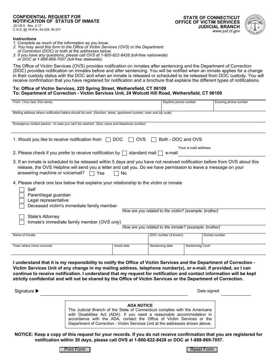 Form JD-VS-5 Confidential Request for Notification of Status of Inmate - Connecticut, Page 1