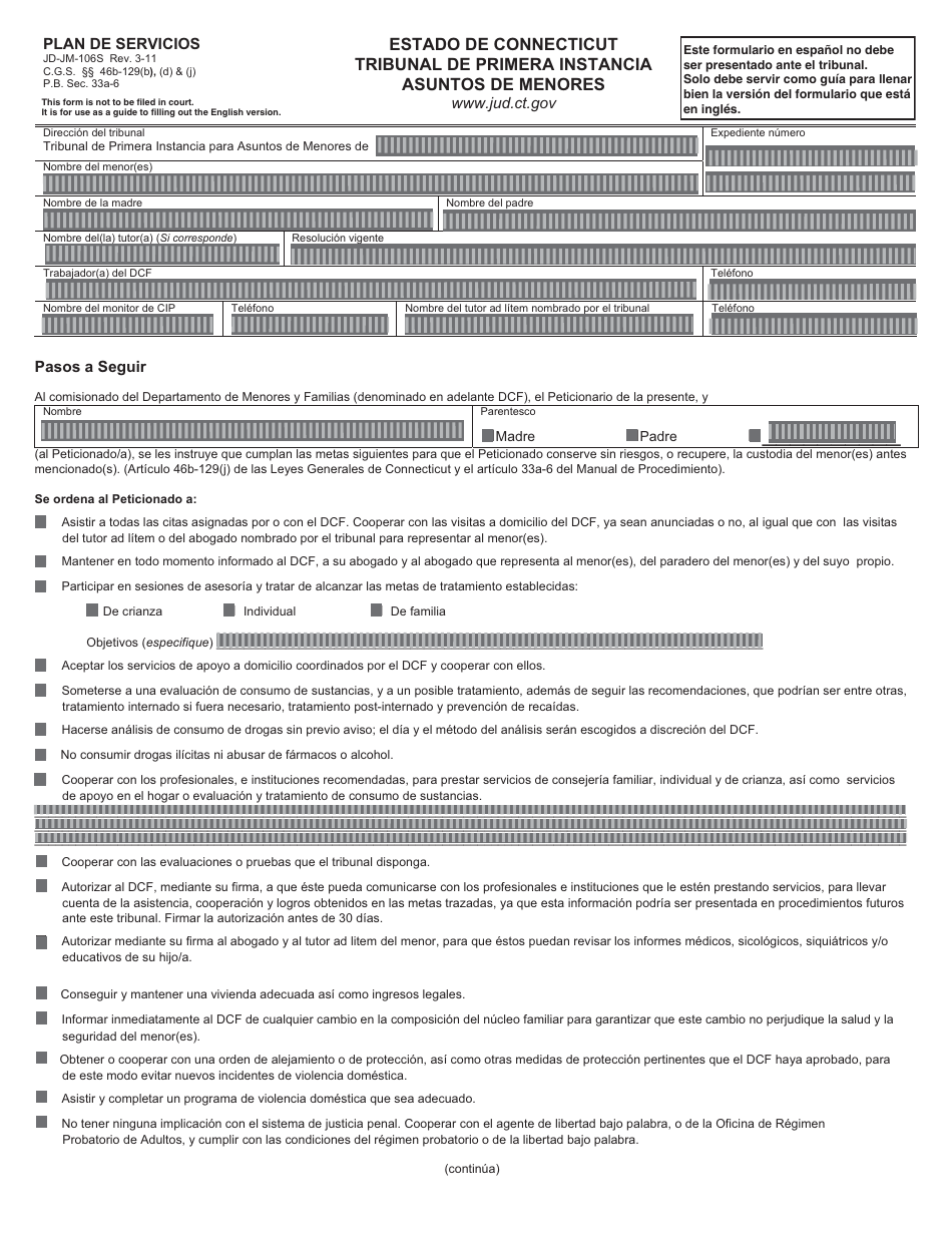 Formulario JD-JM-106S Plan De Servicios - Connecticut (Spanish), Page 1